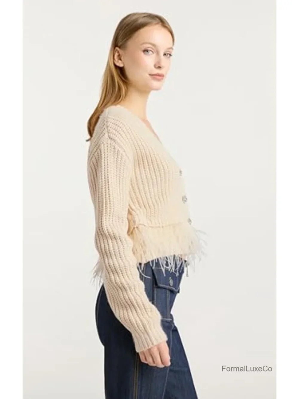 Cropped Feather Trim Cardigan - Long Sleeve Knit Sweater, 100% Acrylic, Dry
